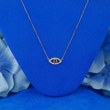 Load image into Gallery viewer, 14k Solid Gold Natural Diamond with Sapphire Ruby Emerald or Turquoise Bezel Set Evil Eye Necklace w/ Adjustable Drawstring Chain

