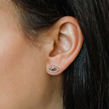 Load image into Gallery viewer, Single (Half Pair) 14k Solid Gold Natural Diamond and Sapphire Evil Eye Stud Earrings w/ High Quality Stones in White, Yellow or Rose Gold
