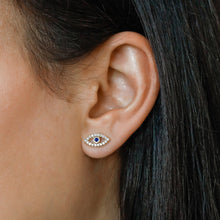 Load image into Gallery viewer, Single (Half Pair) 14k Solid Gold Natural Diamond and Sapphire Evil Eye Stud Earrings w/ High Quality Stones in White, Yellow or Rose Gold
