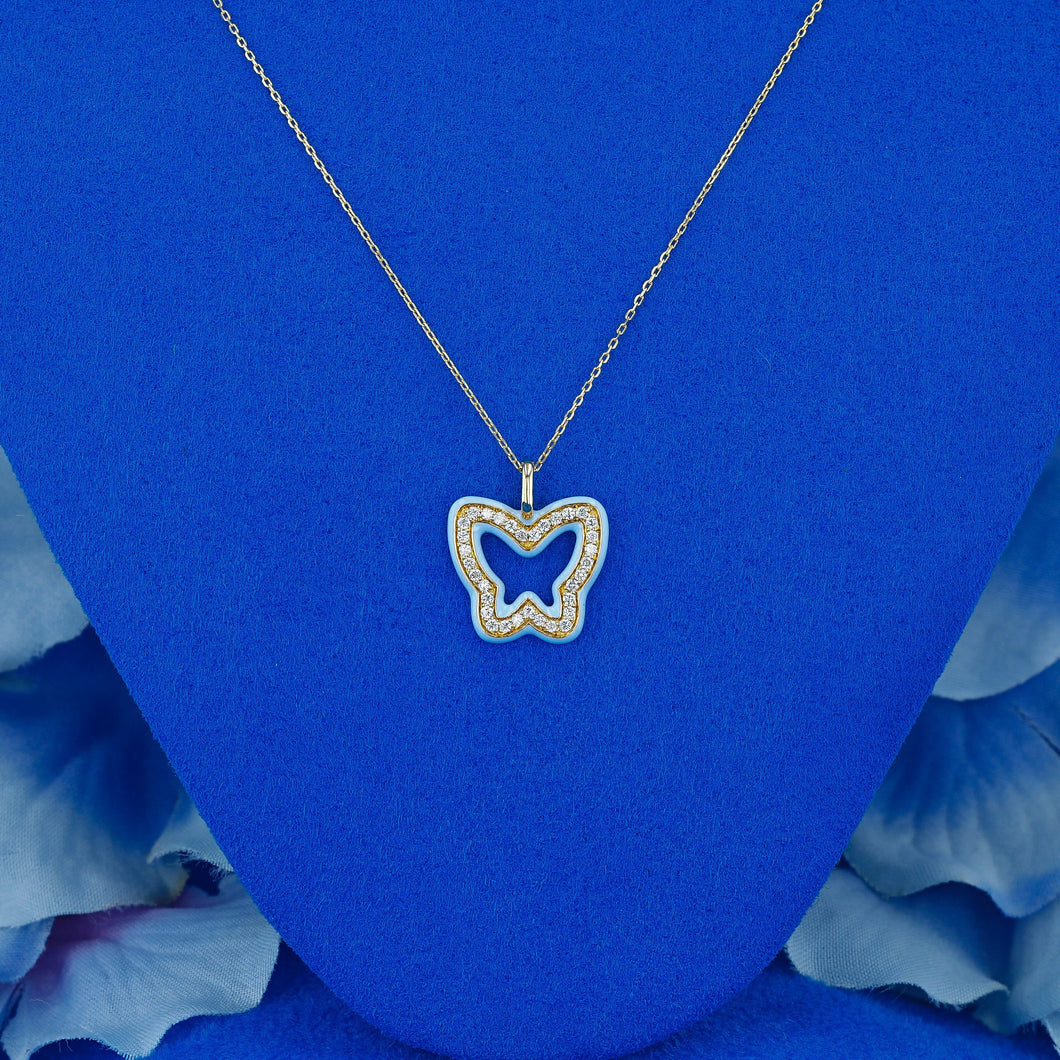 18k Solid Gold Natural Diamond Border Light Blue Enamel Open Butterfly Necklace with Adjustable Drawstring Chain