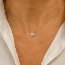 Load image into Gallery viewer, 18k Solid Gold Natural Diamond Center Trio Cluster Light Green or Light Blue Enamel Heart Necklace with Adjustable Chain
