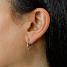Load image into Gallery viewer, Pair of 18k Gold and Genuine Diamond Round Huggy Hoop Earrings with Dangling Diamonds High Quality in Rose Yellow or White Gold
