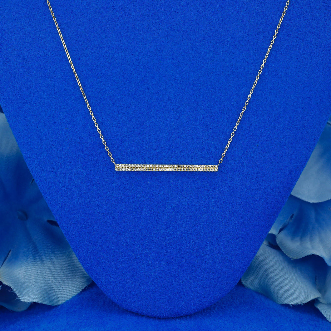 14k Solid Gold Natural Diamond Micro-Pave Bar Trapeze Necklace with Adjustable Drawstring Chain