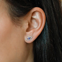 Load image into Gallery viewer, Single (Half Pair) 14k Solid Gold Natural Diamond and Sapphire Evil Eye Stud Earrings w/ High Quality Stones in White, Yellow or Rose Gold
