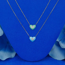 Load image into Gallery viewer, 18k Solid Gold Natural Diamond Center Trio Cluster Light Green or Light Blue Enamel Heart Necklace with Adjustable Chain
