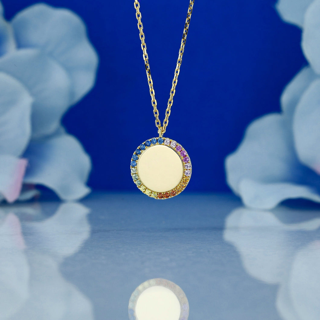 14k Solid Gold Rainbow Sapphire Border Round Pendant Necklace with Adjustable Chain